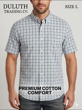 Duluth Trading Co Mens Large L Blue Green Plaid Short Sleeve Cotton Button Down